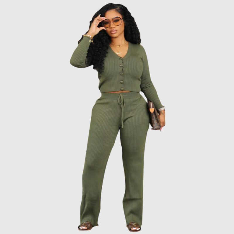 V-neck Crop Top & Drawstring Knit Pant set