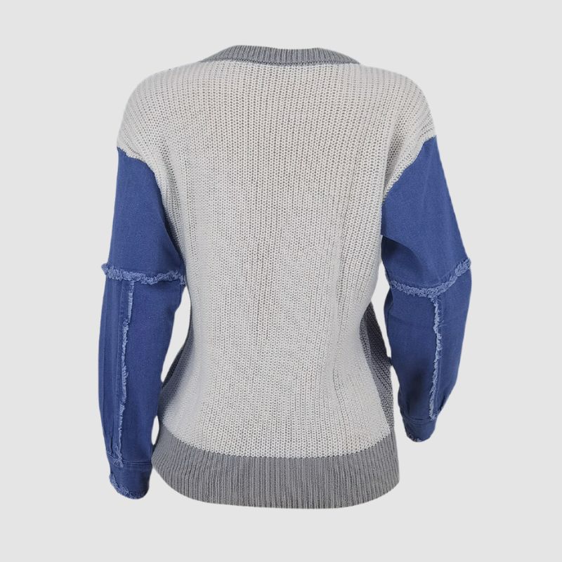 Denim Patchwork Color Contrast Design Pullover