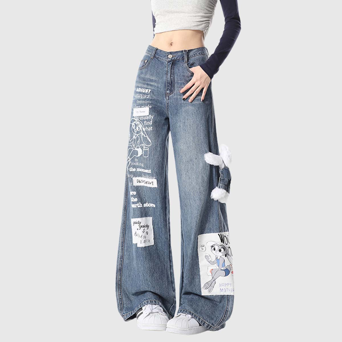 Patchwork-Jeans mit weitem Bein