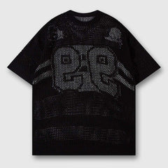 Schwarzes Mesh-Jersey-T-Shirt „99“