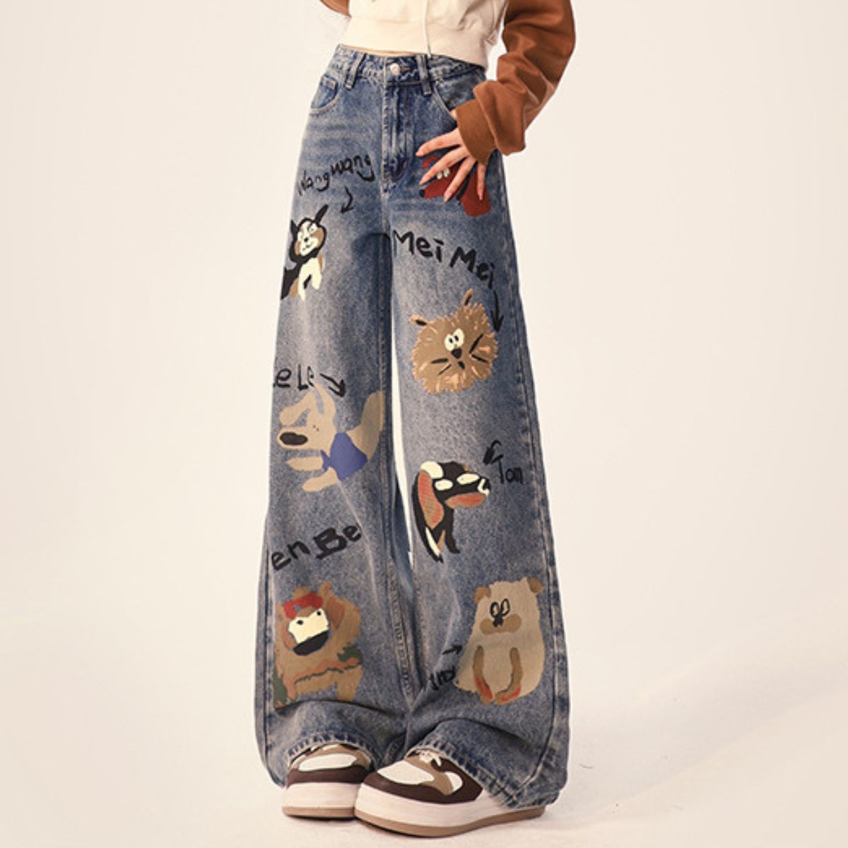 Patchwork-Jeans mit weitem Bein