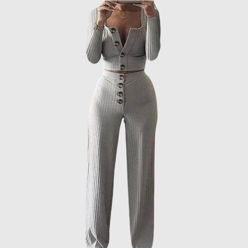 Buttoned Square Collar Top & Wide Leg Pant Set