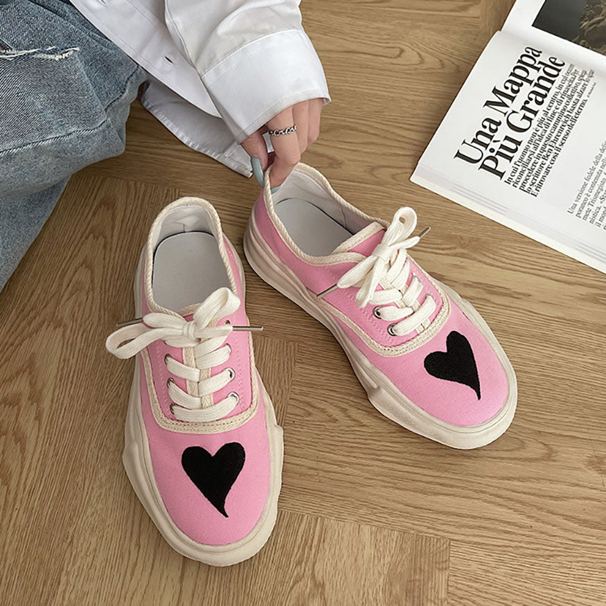 Heart Pattern Embroidered Canvas Sneakers