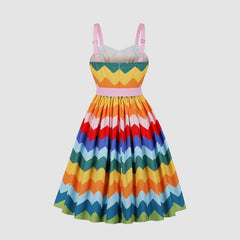 OLUOLIN-Rainbow Wave Print A-line Midi Dress