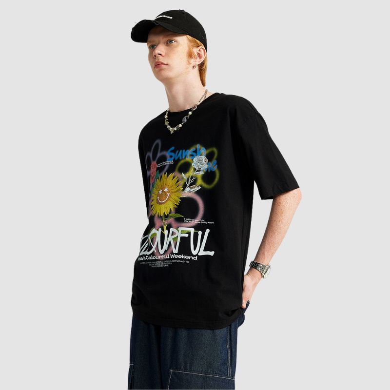 T-Shirt mit Graffiti-Sonnenblumen-Print