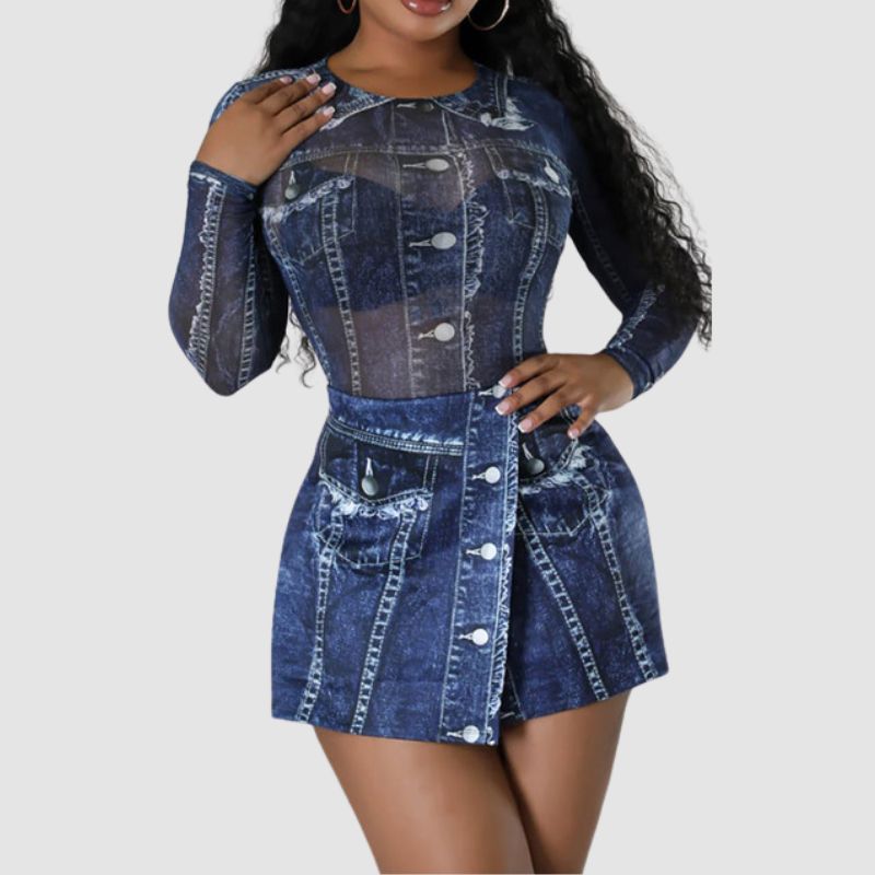 Conjunto de body y minifalda de malla con estampado vaquero