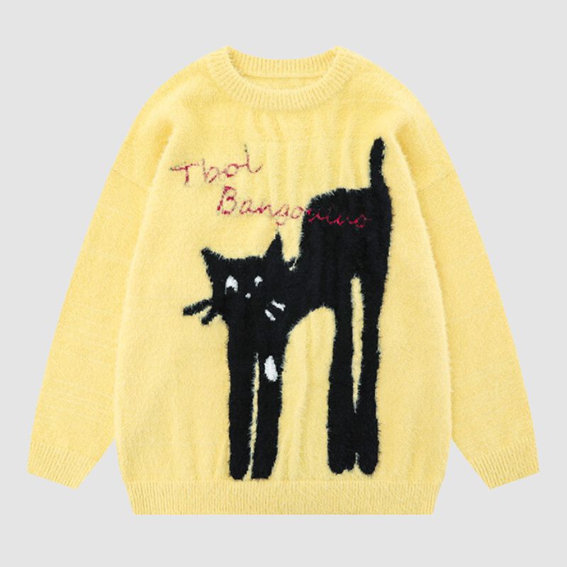 Jacquard-Pullover mit Cartoon-Katzen-Muster