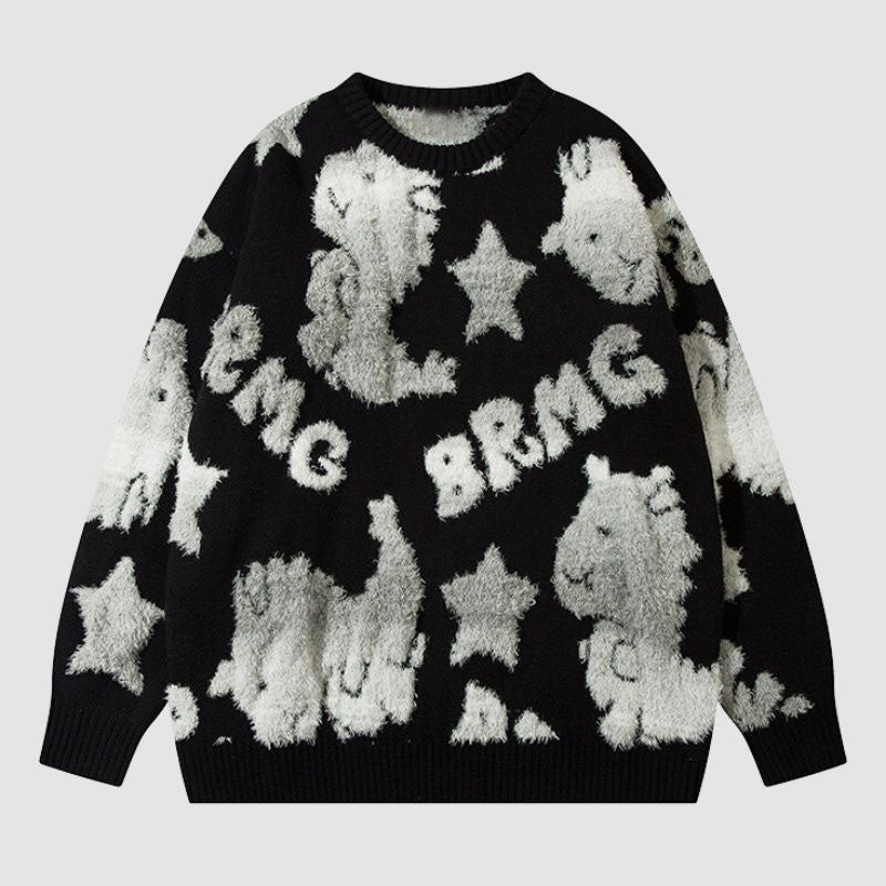 Bunter Jacquard-Pullover mit Dinosauriern