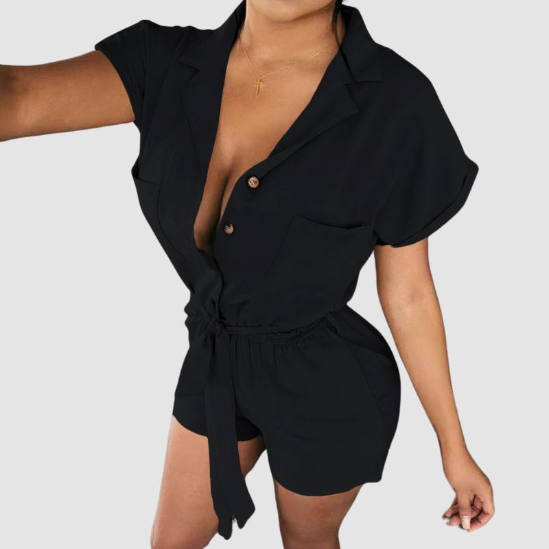 Simple Lapel Tie Up Romper