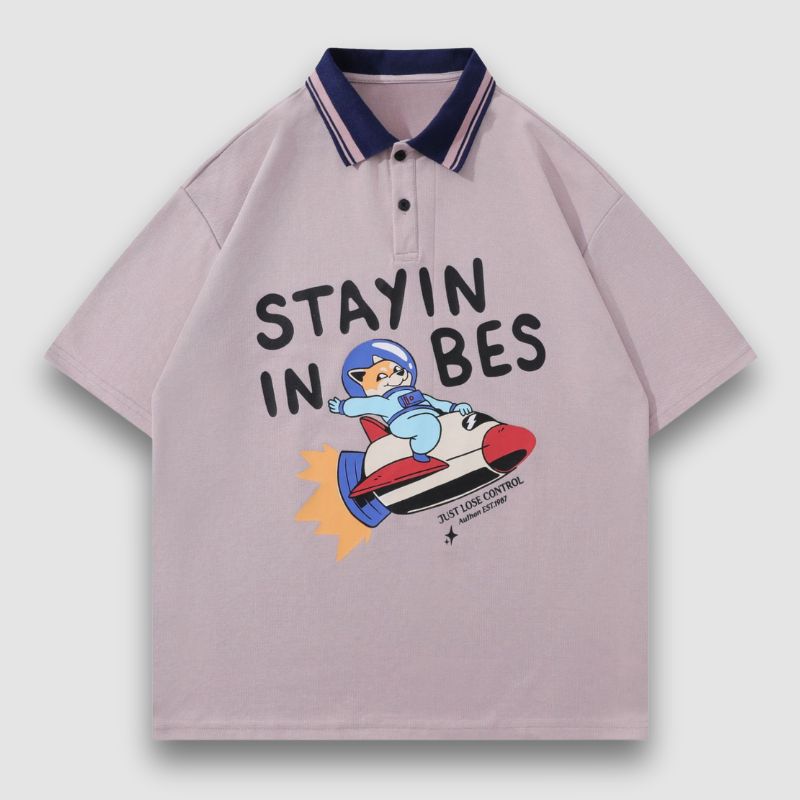 Cartoon Spaceship Printed Lapel Tee