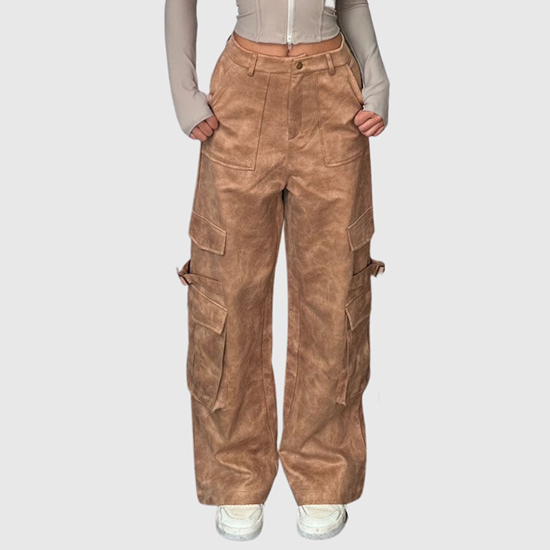 Suede Multi Pocket Wide Leg Cargo Pants