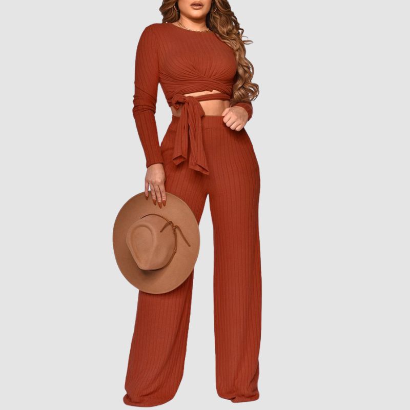 Ribbed Knit Tie-up Top & Wide Leg Pant Set