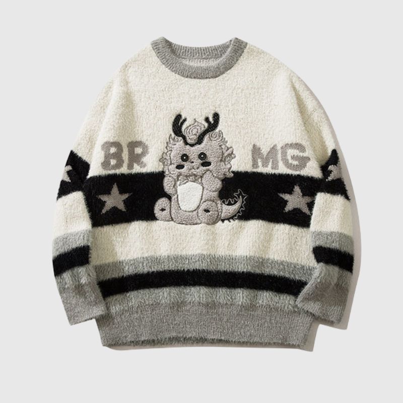 Cartoon Dragon Striped Versatile Knit Sweater