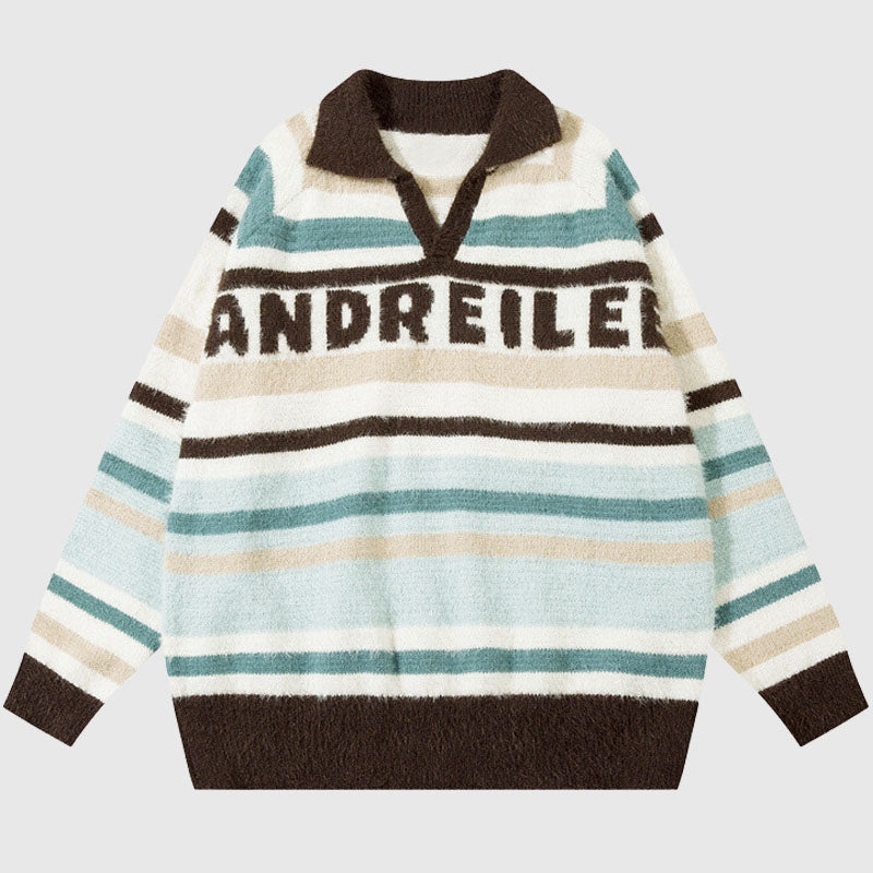 Letter Embroidered Color-blocked Stripe Pullover