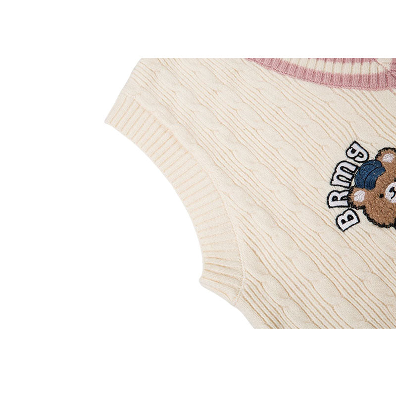 Bear Embroidered Plaid Vest Sweater