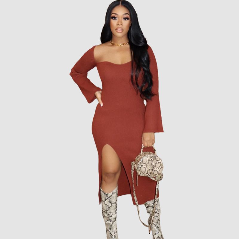 Solid Color Slit Bodycon Ribbed Knit Dresses