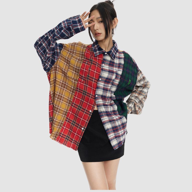 Hip Hop Contrast Plaid Shirts