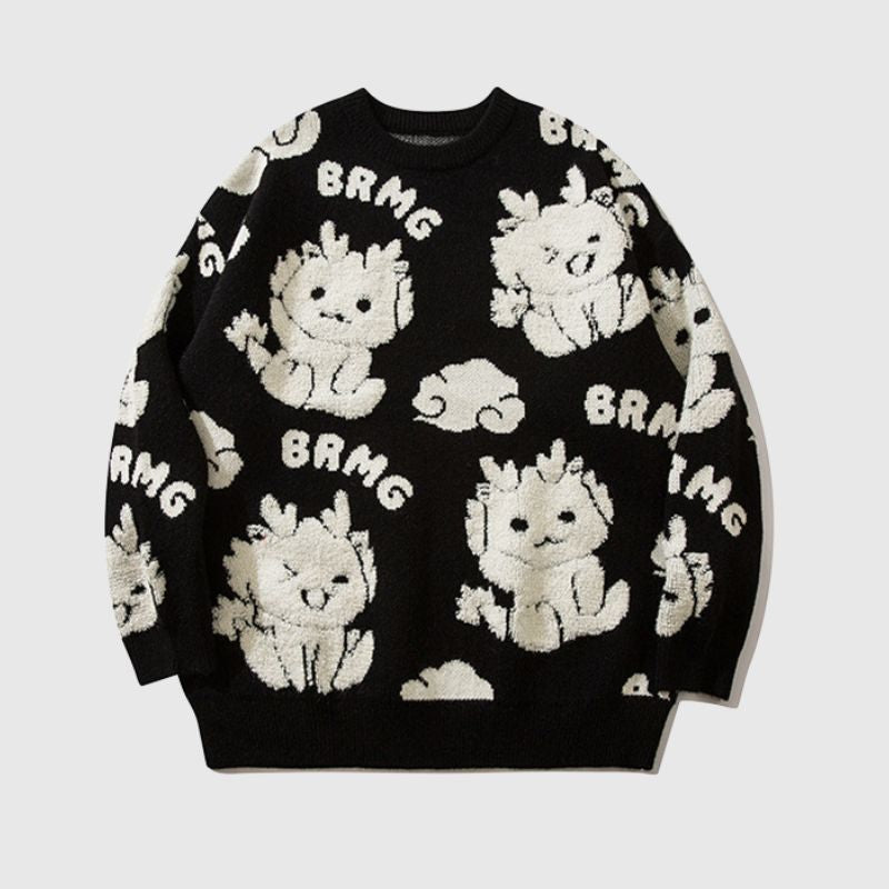 Cartoon Dragon  Round Neck Knit Sweater