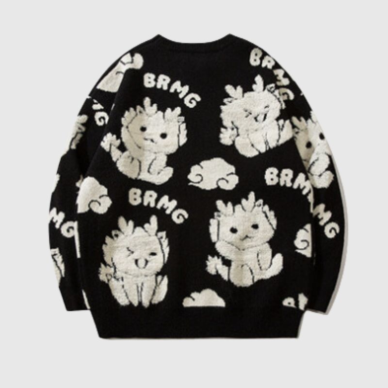 Cartoon Dragon  Round Neck Knit Sweater