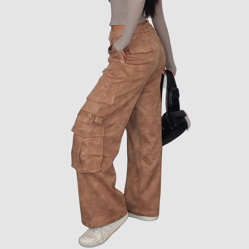 Suede Multi Pocket Wide Leg Cargo Pants