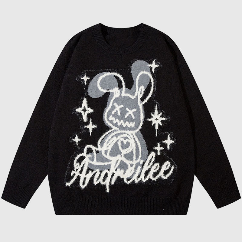 Pullover mit Cartoon-Kaninchen-Muster und Stickerei