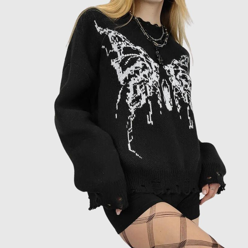 Butterfly Pattern Ripped Pullover