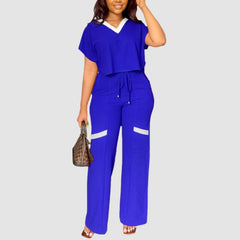 V-neck Color Contrast Tee & Wide Leg Pants Set