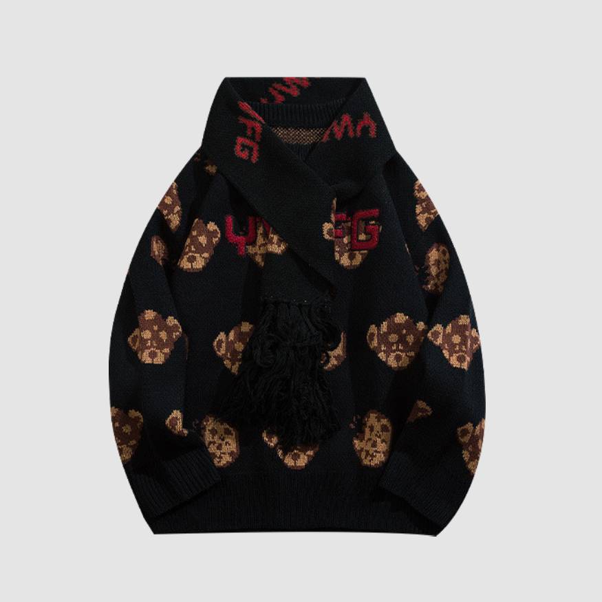 Süßer Pullover mit Bären-Print + Schal