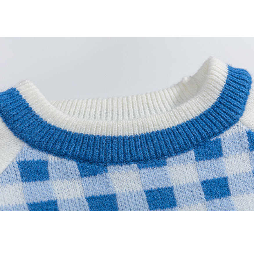 Tassel Check Pattern Patchwork Cropped Sweater