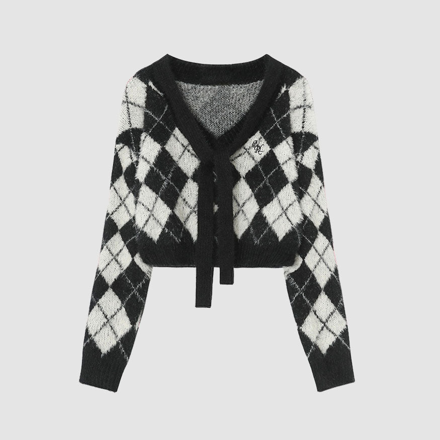 Tie + Argyle Pattern Cropped Sweater