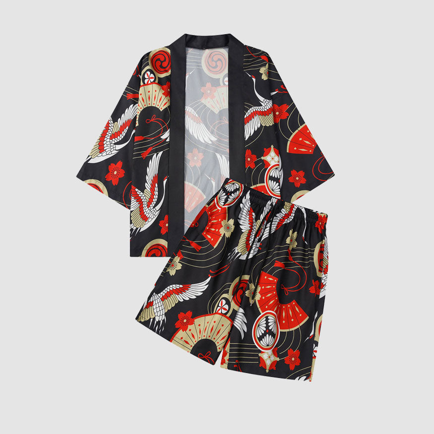 Zweiteiliger Kimono mit Kranich-Print + Shorts