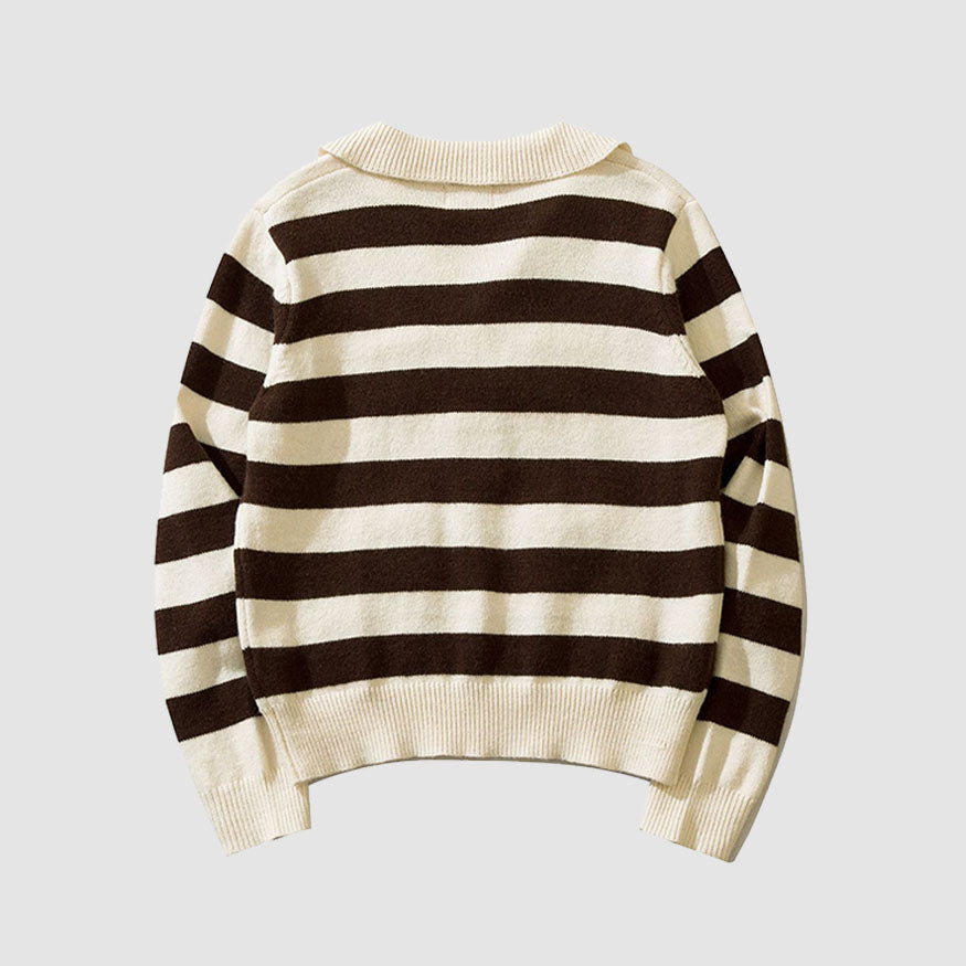 Chic Turndown Collar Striped Cropped Sweater