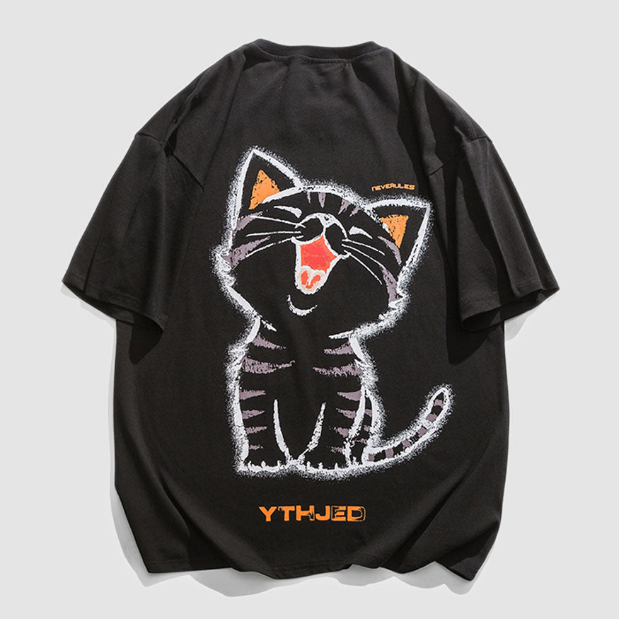 T-Shirt mit lachender Katze und Cartoon-Print