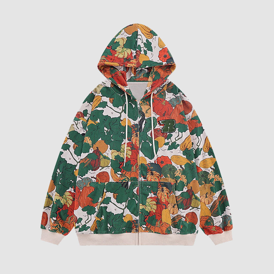 Pumpkin Print Zip Up Hoodies