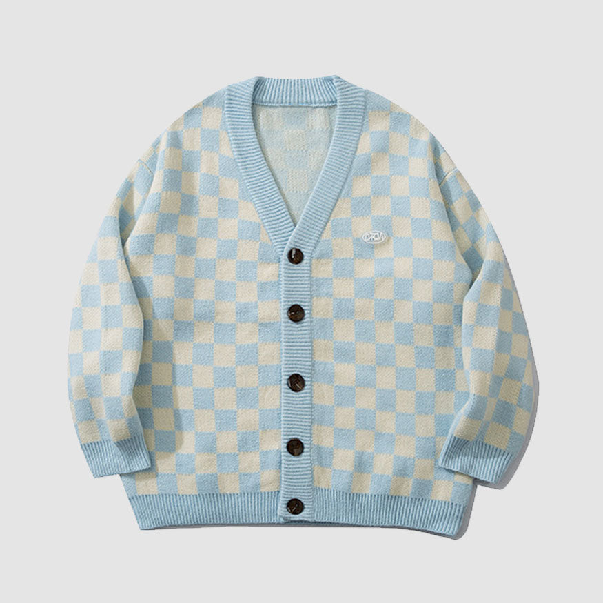 Classic Checkerboard Pattern Cardigan Knit Sweater