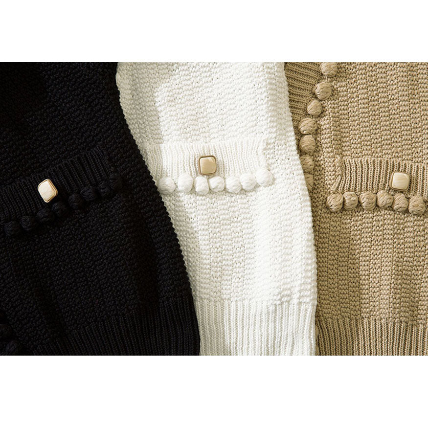 Button Decor Pom-Pom Cropped Cardigan Sweater