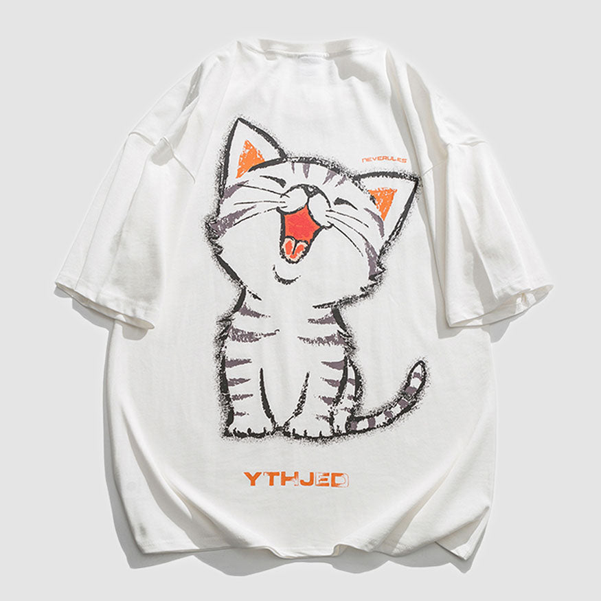 Camiseta con estampado de dibujos animados de gato riendo