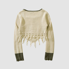 Square Neck Letter Embroidery Irregular Hem Tassel Cropped Sweater