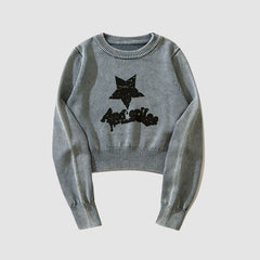 Distressed Star Print Cropped Sweater