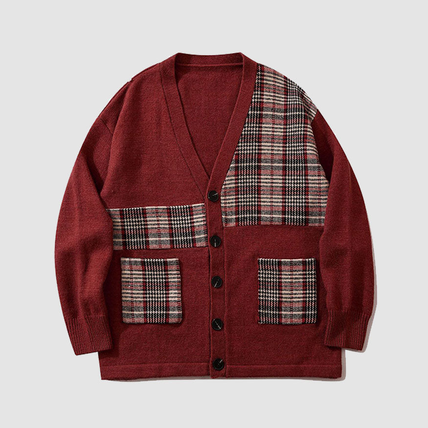 Plaid Pattern Patchwork Cardigan Knit Sweater