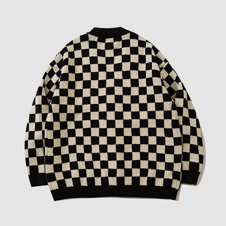 Classic Checkerboard Pattern Cardigan Sweater