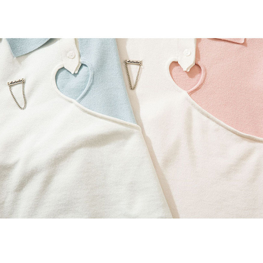 Heart Hollow Out Lapel Knit Crop Top