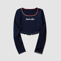 Letter Embroidery Trim Knit Crop Top