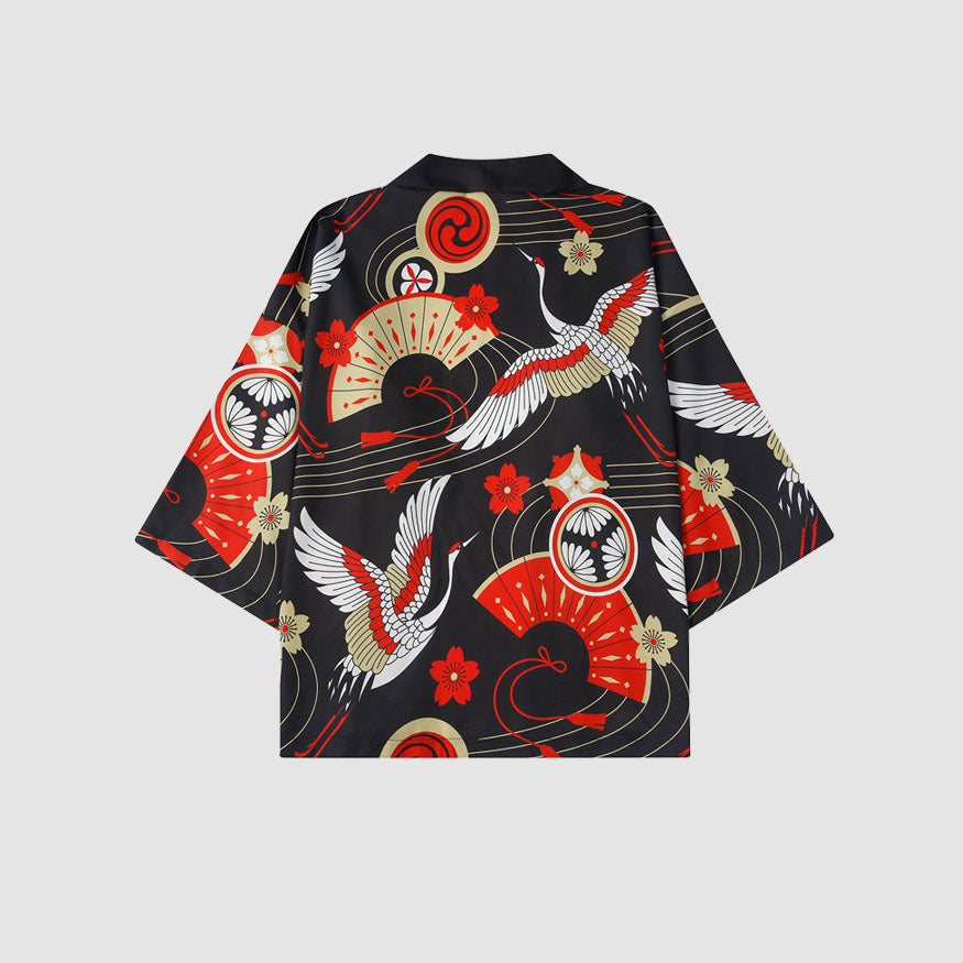 Zweiteiliger Kimono mit Kranich-Print + Shorts