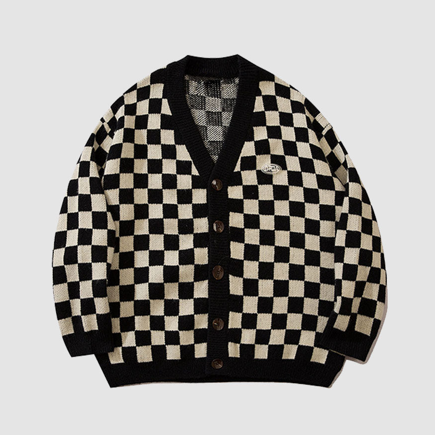 Classic Checkerboard Pattern Cardigan Sweater