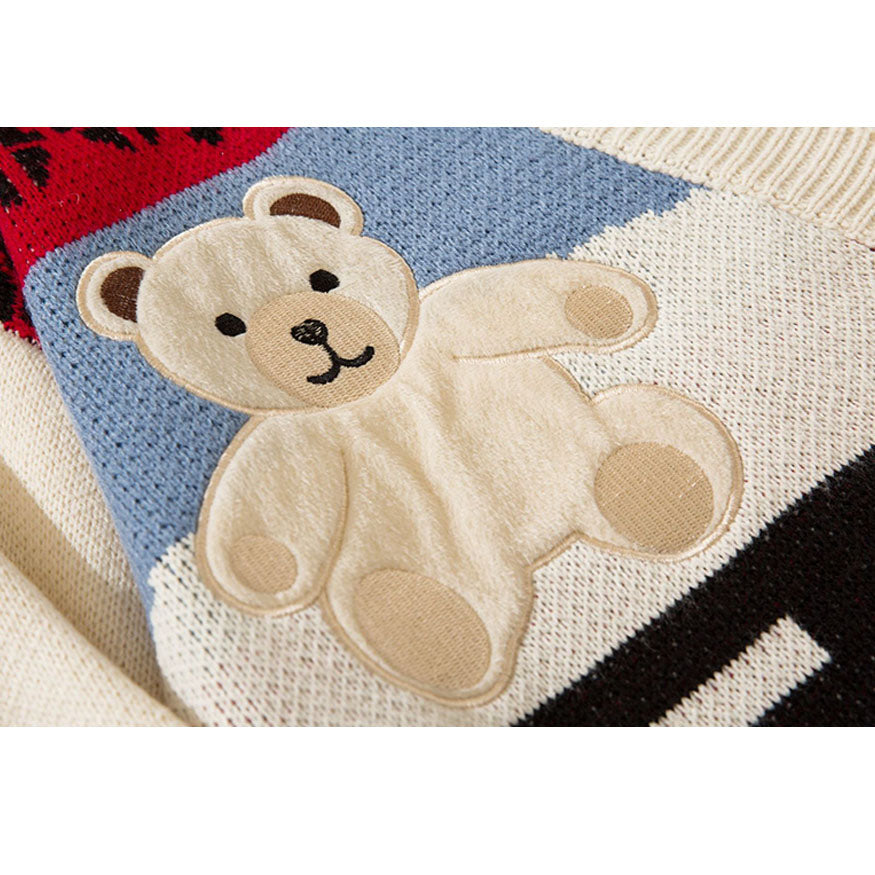 Bear & Argyle Pattern Stitching Cardigan Sweater