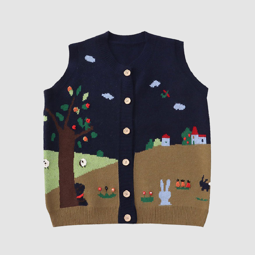 Weste Pullover mit pastoraler Illustration