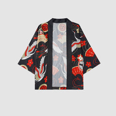 Zweiteiliger Kimono mit Kranich-Print + Shorts