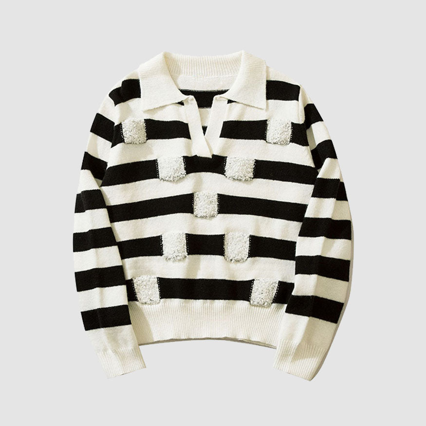 Chic Turndown Collar Striped Cropped Sweater