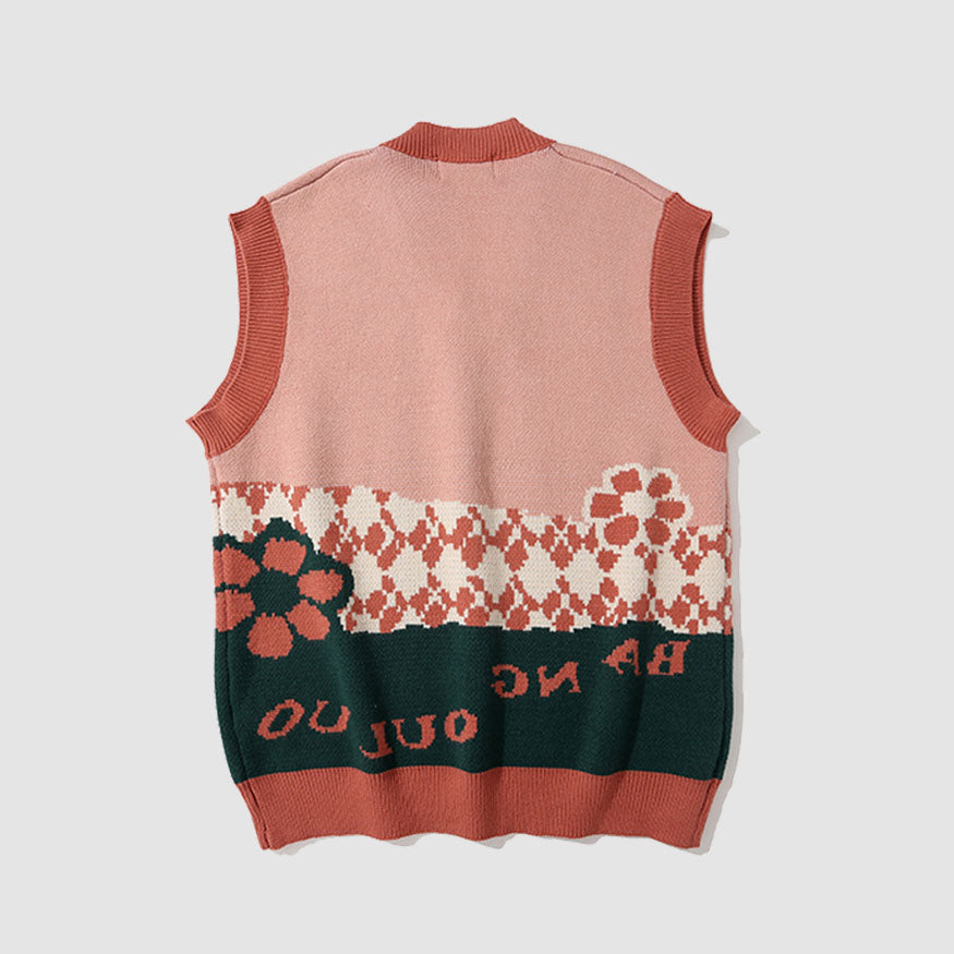 Contrast Color Heart & Flower Pattern Vest Sweater